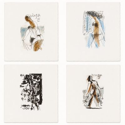 quatre dessins de couleurs différentes représentant une femme dans diverses poses