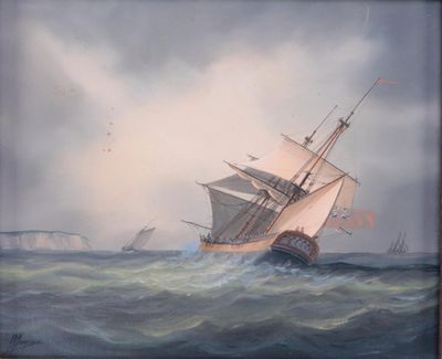 painting of a sailing ship in rough water with birds flying in the background