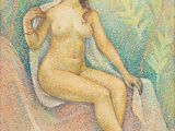 une peinture représentant une femme nue assise sur un lit