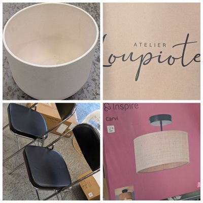 un collage de photos représentant une table, des chaises et une lampe