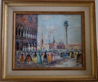 une peinture à l'huile représentant une scène urbaine avec une tour horloge en arrière-plan