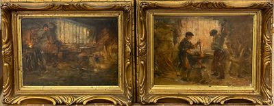 deux tableaux représentant un homme et une femme dans une grange