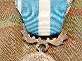 a silver medal with a blue and white ribbon on it