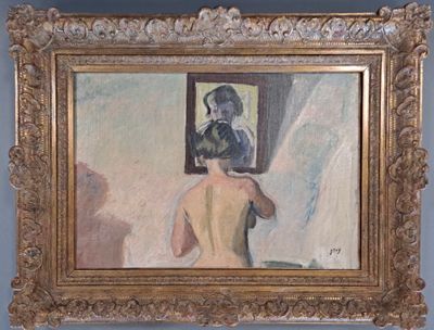 un tableau représentant une femme debout devant un miroir
