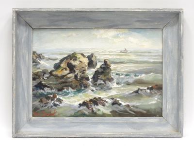 an oil painting of rocks in the ocean with a boat in the distance