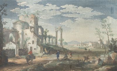a painting of a village scene with a man on a horse in the foreground