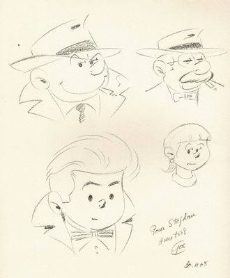 des croquis représentant un homme au chapeau, un homme en costume et une femme au chapeau