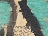 a close up of a painting of a dog on a wooden surface