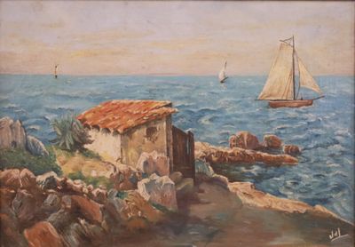 a painting of a boat in the water near a building