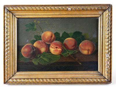 tableau représentant des pêches et des feuilles sur une table, dans un cadre doré