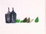 une image représentant un dessin d'une bouteille et de quelques feuilles vertes