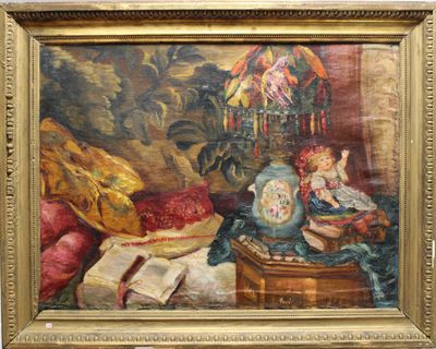 un tableau représentant une femme assise sur une table à côté d'un vase