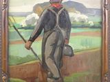 une peinture à l'huile représentant un homme avec un chapeau et une canne