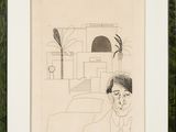 framed drawing of a woman sitting in a chair in front of a palm tree