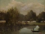 tableau représentant un homme dans un bateau sur un lac, avec un pont en arrière-plan