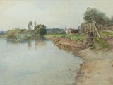 an image of a painting of a bridge over a body of water