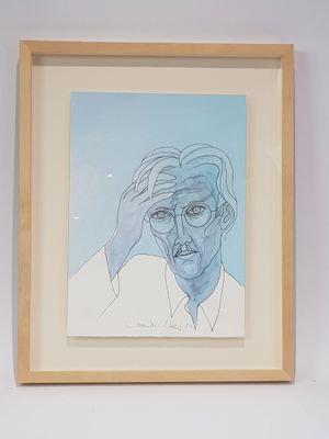 tableau représentant un homme à lunettes se tenant la tête, devant un fond bleu