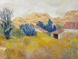 peinture représentant un paysage avec une grange et des arbres au premier plan