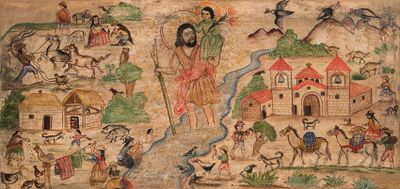 an image of a painting on a wall of people and animals
