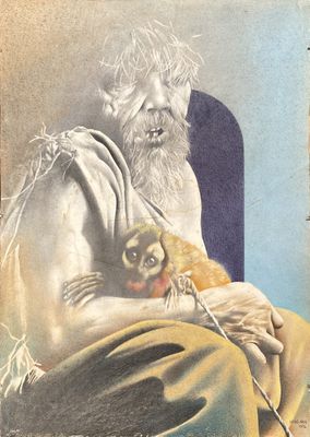 tableau représentant un vieil homme tenant un petit singe sur ses genoux