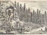 un vieux dessin représentant un homme assis sur un rocher au milieu d'une forêt