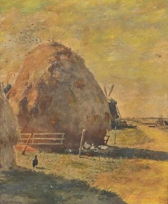 an image of a painting of a couple of hay bales in a field