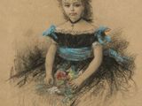 drawing of a young girl in a blue dress with a bouquet of flowers