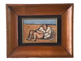 tableau représentant une femme et un enfant sur une plage, dans un cadre en bois