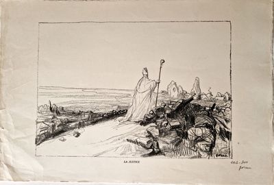 un vieux dessin représentant un homme debout sur une colline, muni d'un bâton