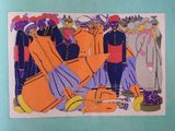 a picture of a painting of a group of people with luggage