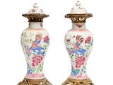 pair of antique chinese vases with flowers and birds on them