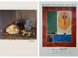 deux tableaux représentant des mets et du vin posés sur une table devant une fenêtre