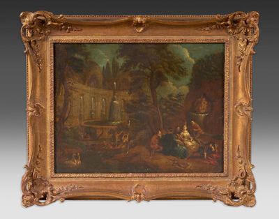 une peinture ancienne représentant une scène de village avec un homme et une femme au premier plan