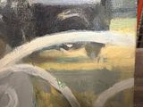 an oil painting of a man driving a car on a wooden table