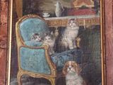 a picture of a painting of cats and dogs in a living room