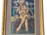 tableau représentant une femme nue assise sur un rocher, une fleur à la main