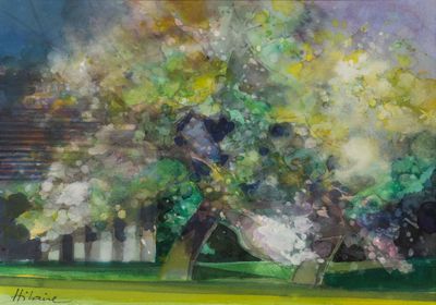 a painting of a tree in the middle of a field