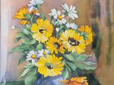 a painting of flowers in a blue vase on a table