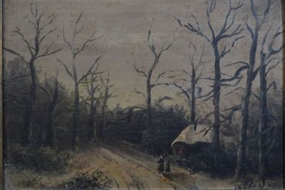 a painting of a horse drawn carriage on a dirt road