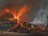 une image représentant un tableau où l'on voit un volcan en éruption, dont les cendres s'élèvent dans le ciel