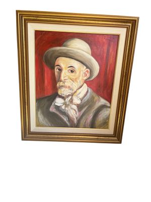 painting of a man with a hat and bow tie in a gold frame