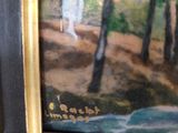 a picture of a painting of a woman walking in the woods