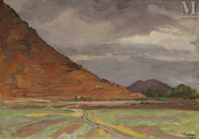 une peinture à l'huile représentant un champ avec une montagne en arrière-plan