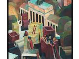 painting of a painting of a city with people and buildings
