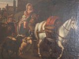 a painting of a man on a horse being led by a woman