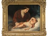 an image of a painting of a woman holding a baby on a bed