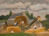 tableau représentant une scène de vie à la ferme avec des balles de foin et des hommes en train de travailler dessus