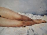 a painting of a nude woman laying on a bed