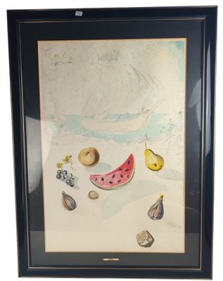 painting of a watermelon, a banana, and other fruit on a beach