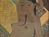 tableau représentant une femme avec une fleur rouge dans les cheveux
